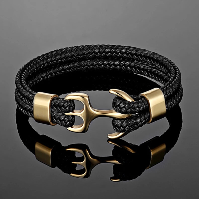 Gold Double Leather Anchor Bracelet-Double Fancy