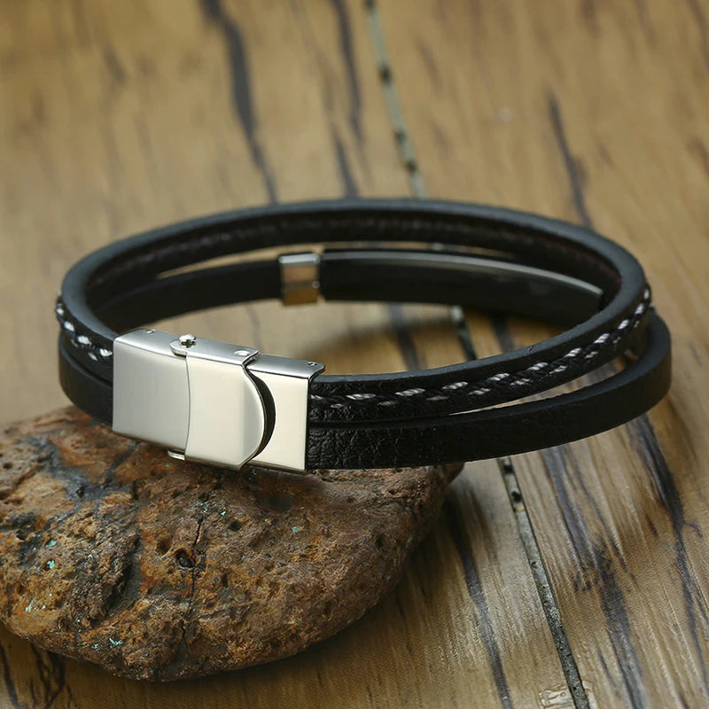 Men's Layered Leather Straps Bracelet - Double Fancy