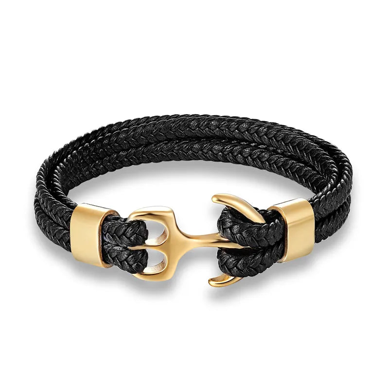 Gold Double Leather Anchor Bracelet-Double Fancy