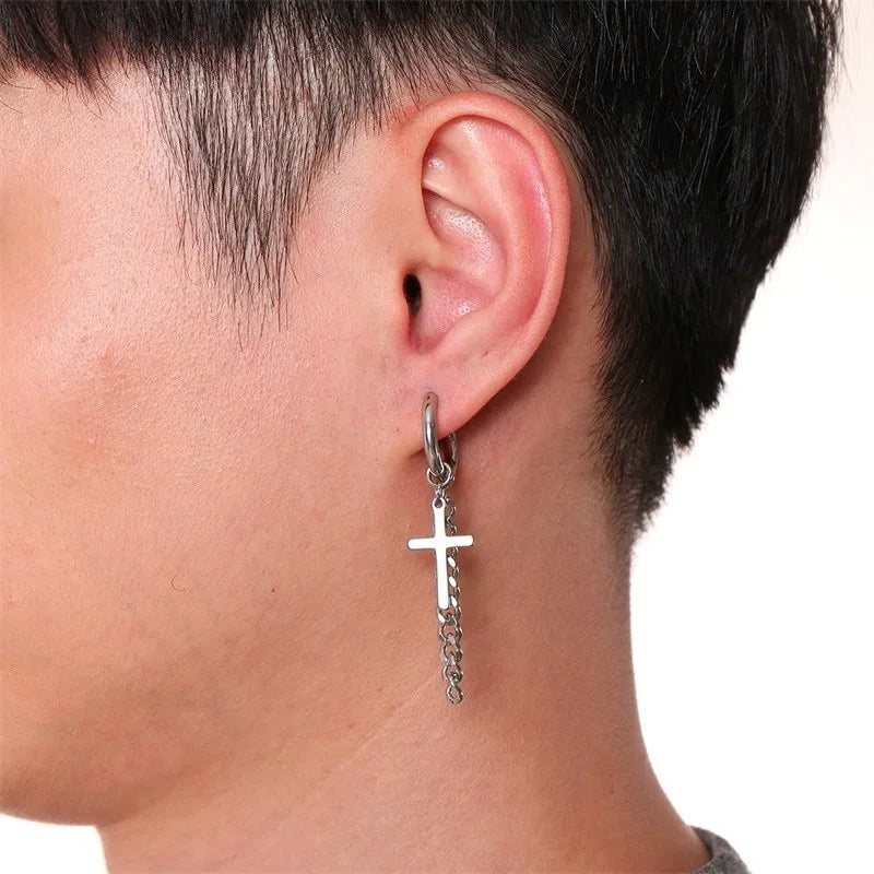 STEEL CROSS CHAIN EARRINGS