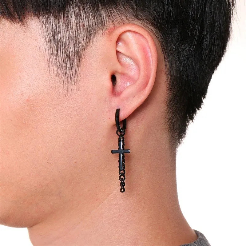 STEEL CROSS CHAIN EARRINGS