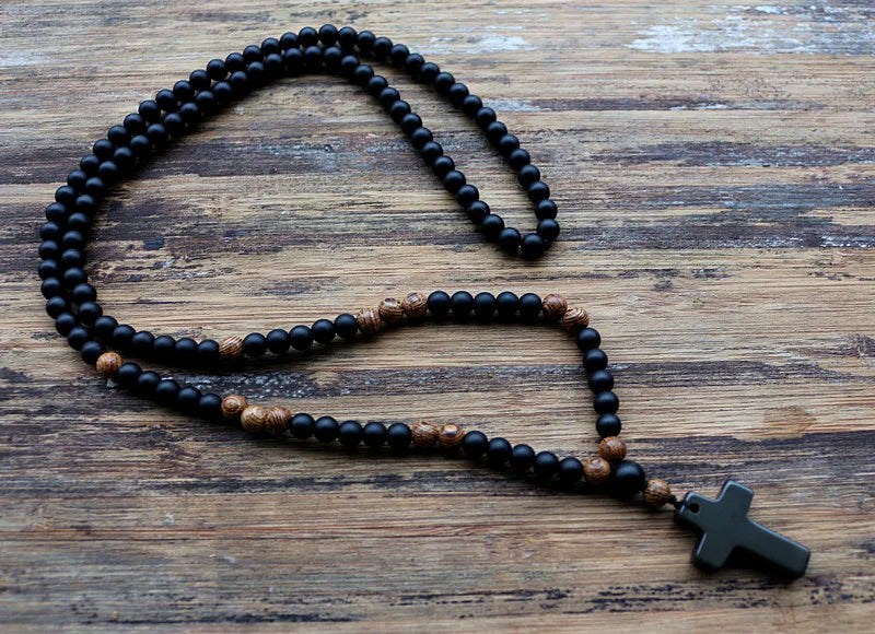 BLACK STONE WOOD BEADS ROSARY