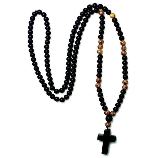 BLACK STONE WOOD BEADS ROSARY