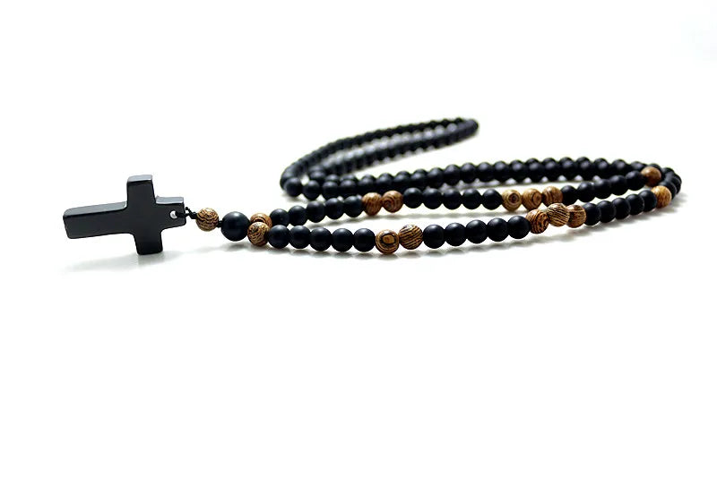 BLACK STONE WOOD BEADS ROSARY