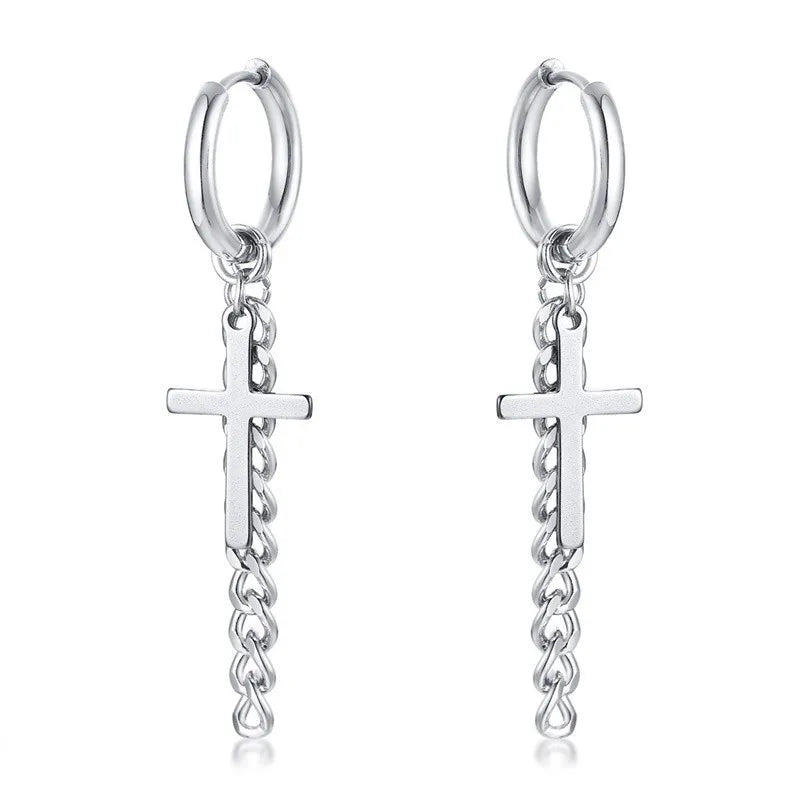 STEEL CROSS CHAIN EARRINGS