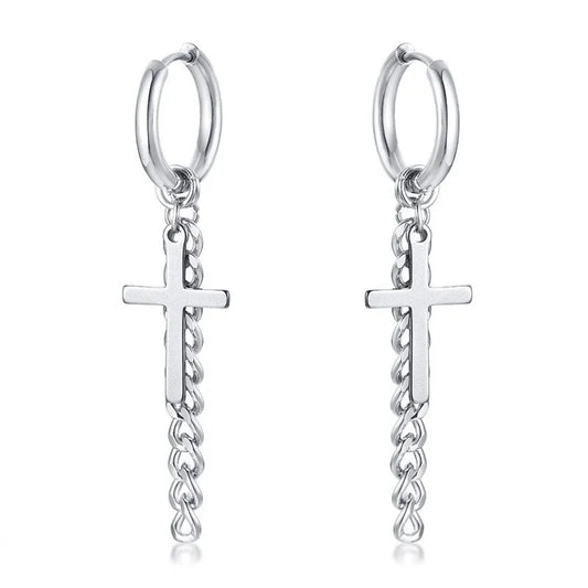 STEEL CROSS CHAIN EARRINGS