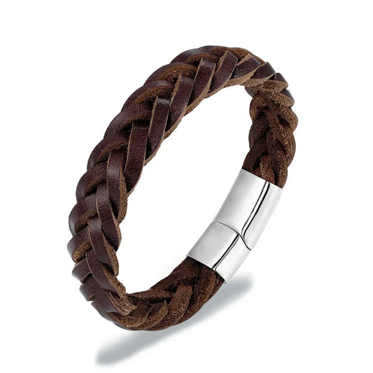 Brown Braided Leather Bracelet-Double Fancy