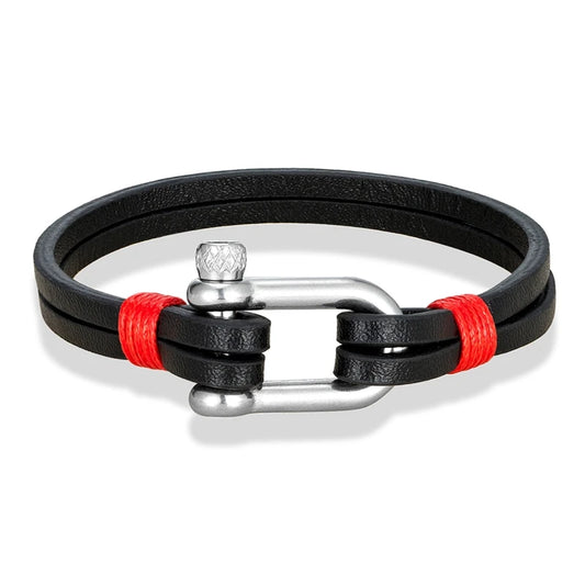 Silver U-shape Shackle Leather Bracelet-Double Fancy