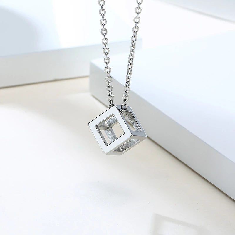 Silver-Tone Cube Necklace Pendant-Double Fancy