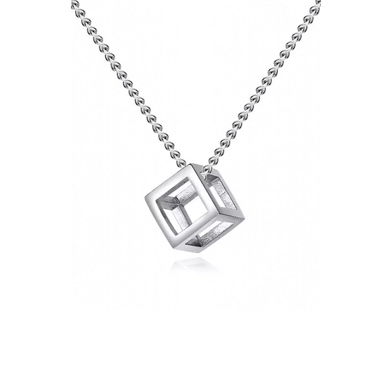 Silver-Tone Cube Necklace Pendant-Double Fancy