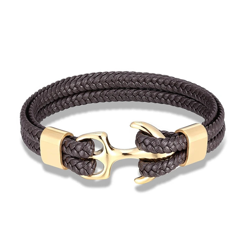 Gold Double Leather Anchor Bracelet-Double Fancy