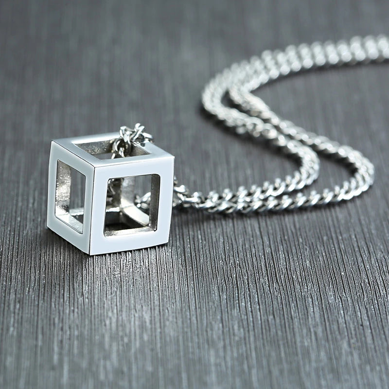 Silver-Tone Cube Necklace Pendant-Double Fancy