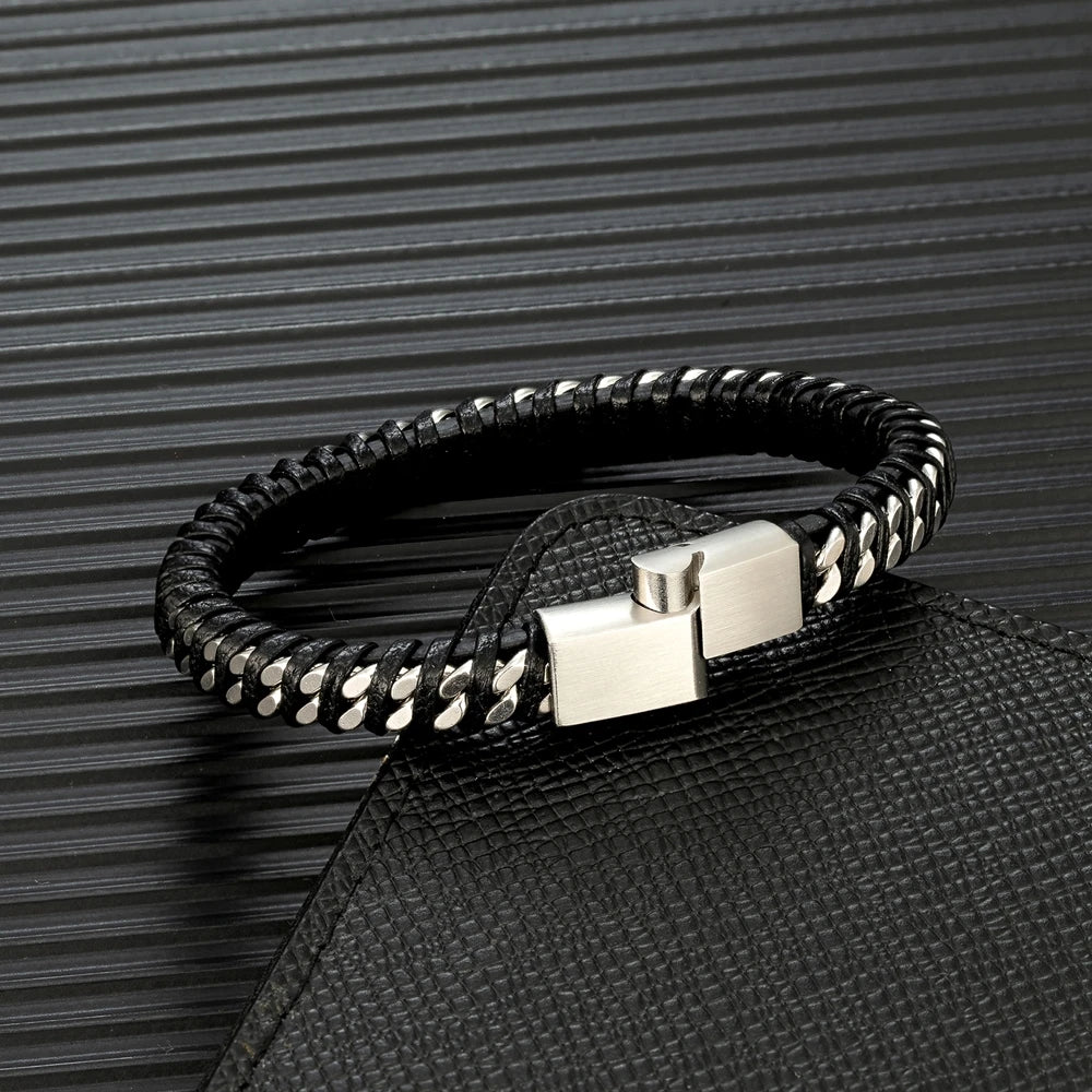 Black Box Chain Leather Bracelet-Double Fancy