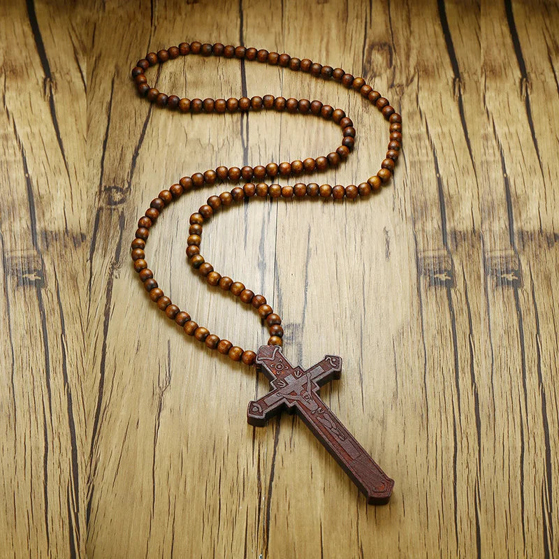 BLACK BEADS CROSS ROSARY NECKLACE