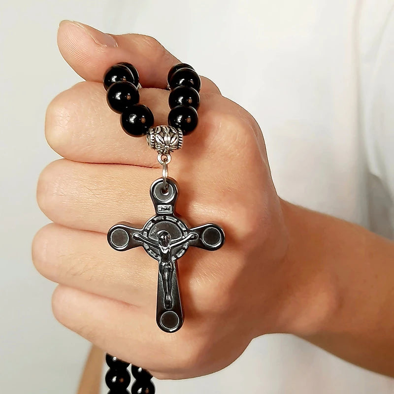 BLACK CARNELIAN STONE WITH CROSS NECKLACE