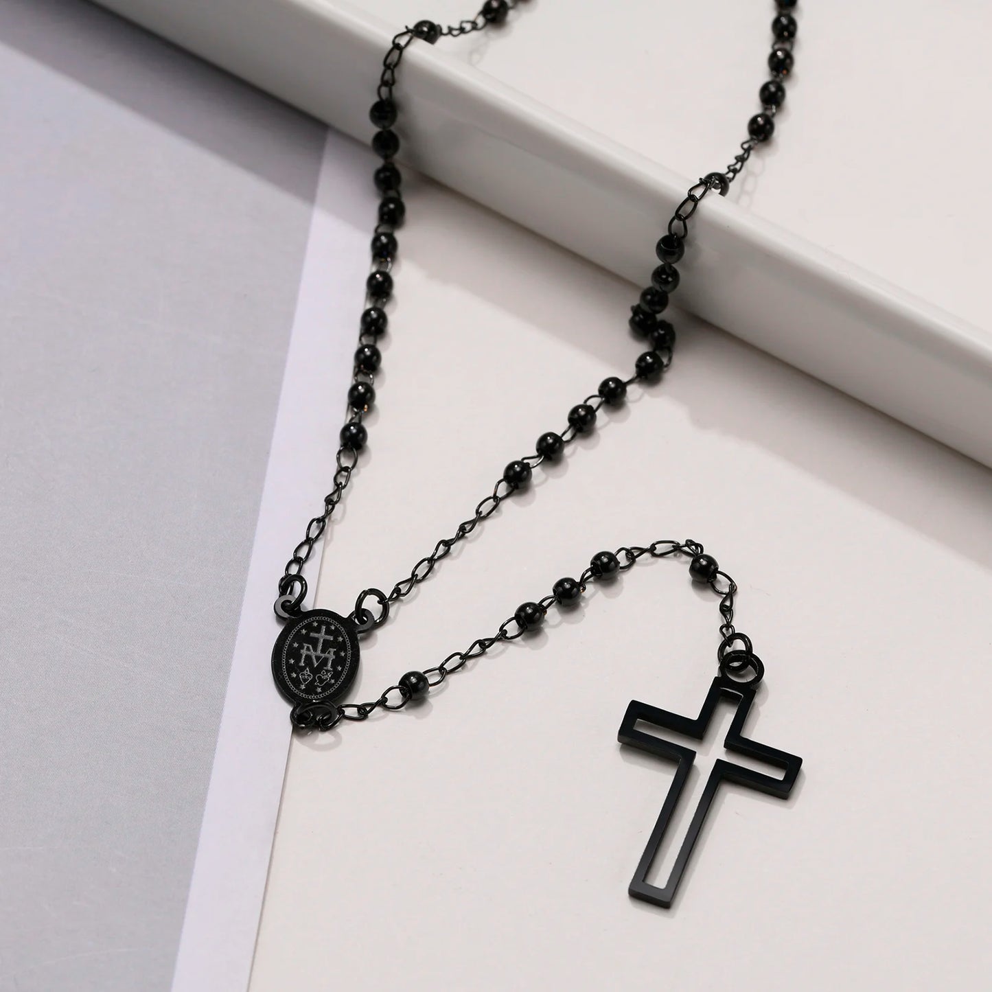 BLACK BEADS CROSS ROSARY NECKLACE