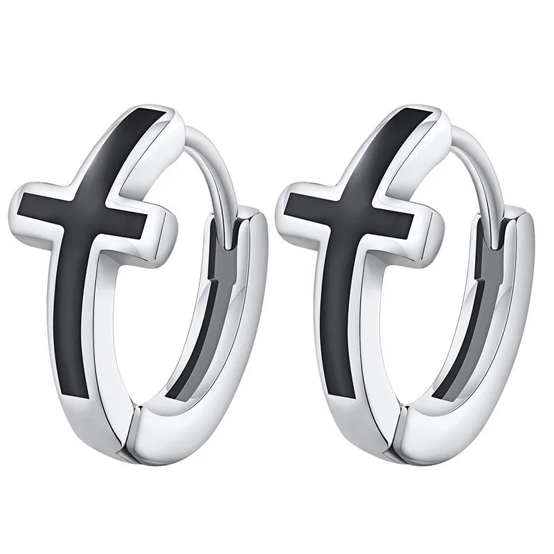 STEEL CROSS HOOP EARRINGS