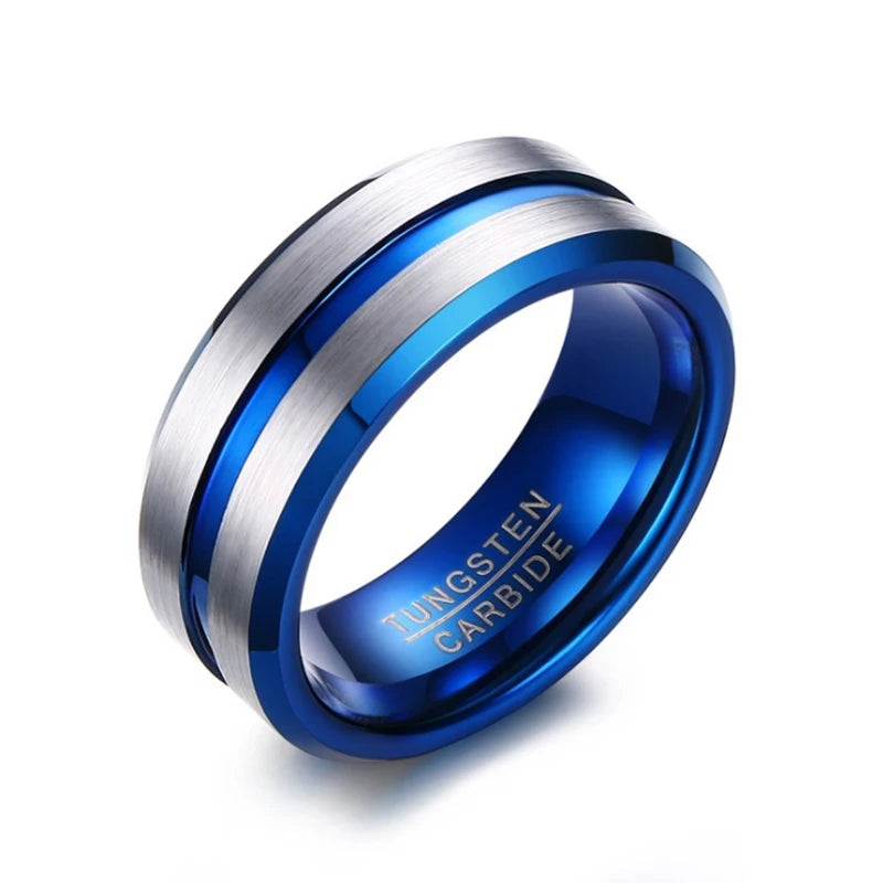 Blue Brushed Tungsten Ring-Double Fancy