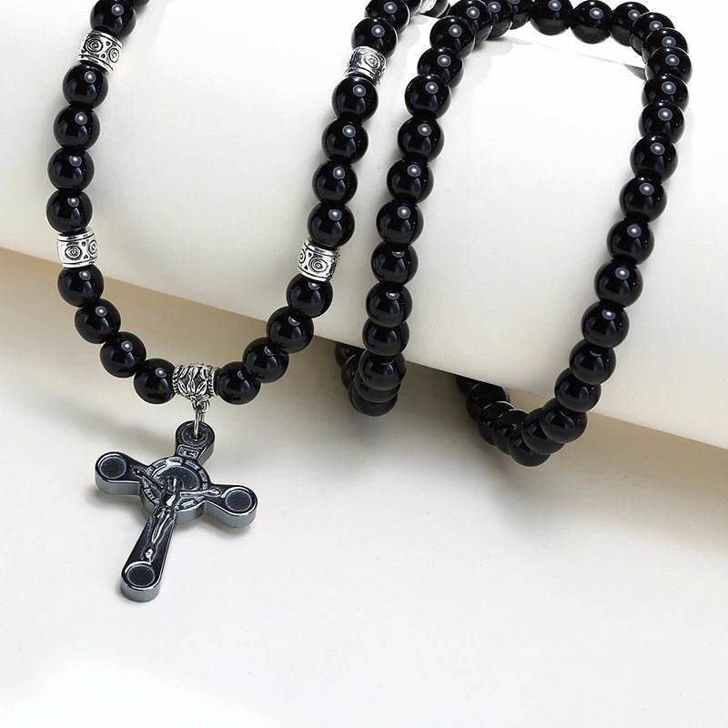 BLACK CARNELIAN STONE WITH CROSS NECKLACE