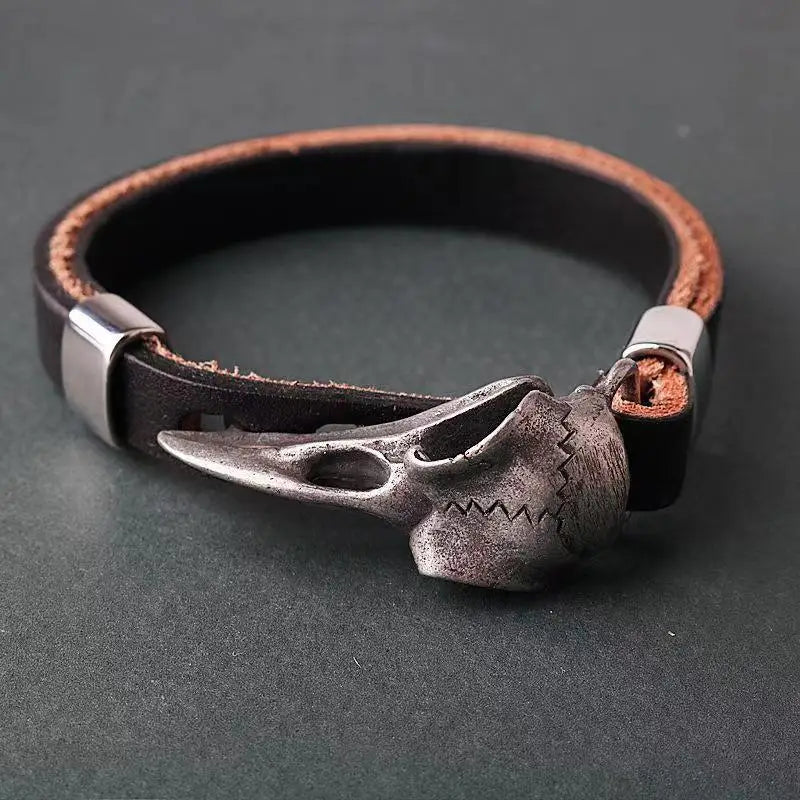 Viking Raven Skull Leather Bracelet-Double Fancy