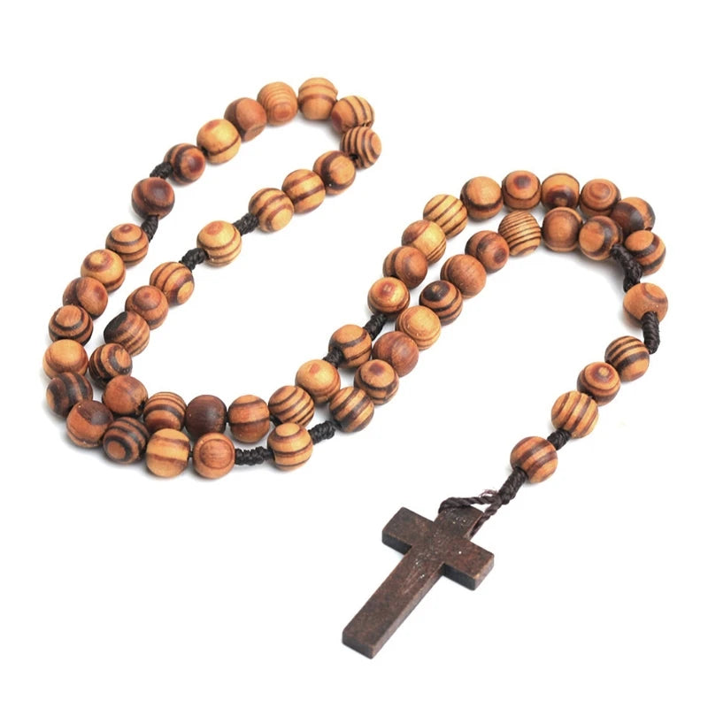 WOODEN GRAIN BEADS ROSARY NECKLACE