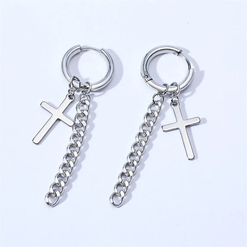 STEEL CROSS CHAIN EARRINGS