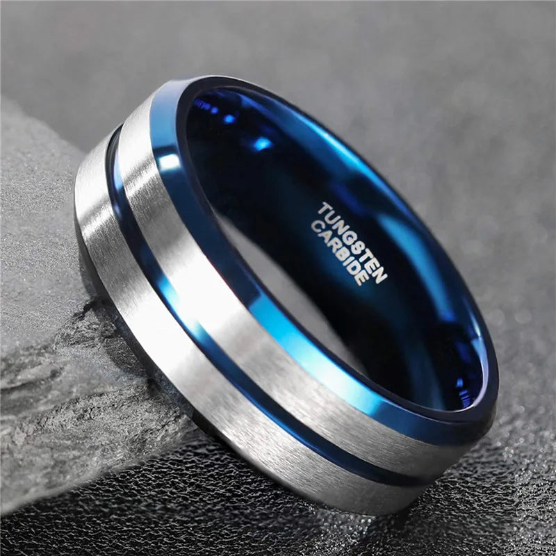 Blue Brushed Tungsten Ring-Double Fancy