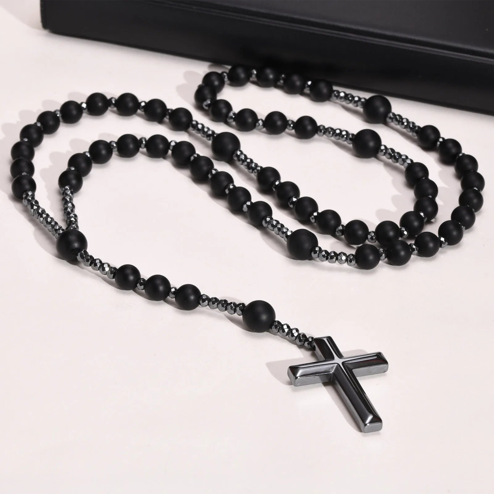 BLACK BEADS CROSS ROSARY NECKLACE