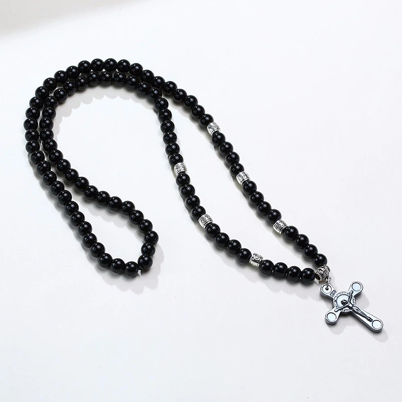 BLACK CARNELIAN STONE WITH CROSS NECKLACE