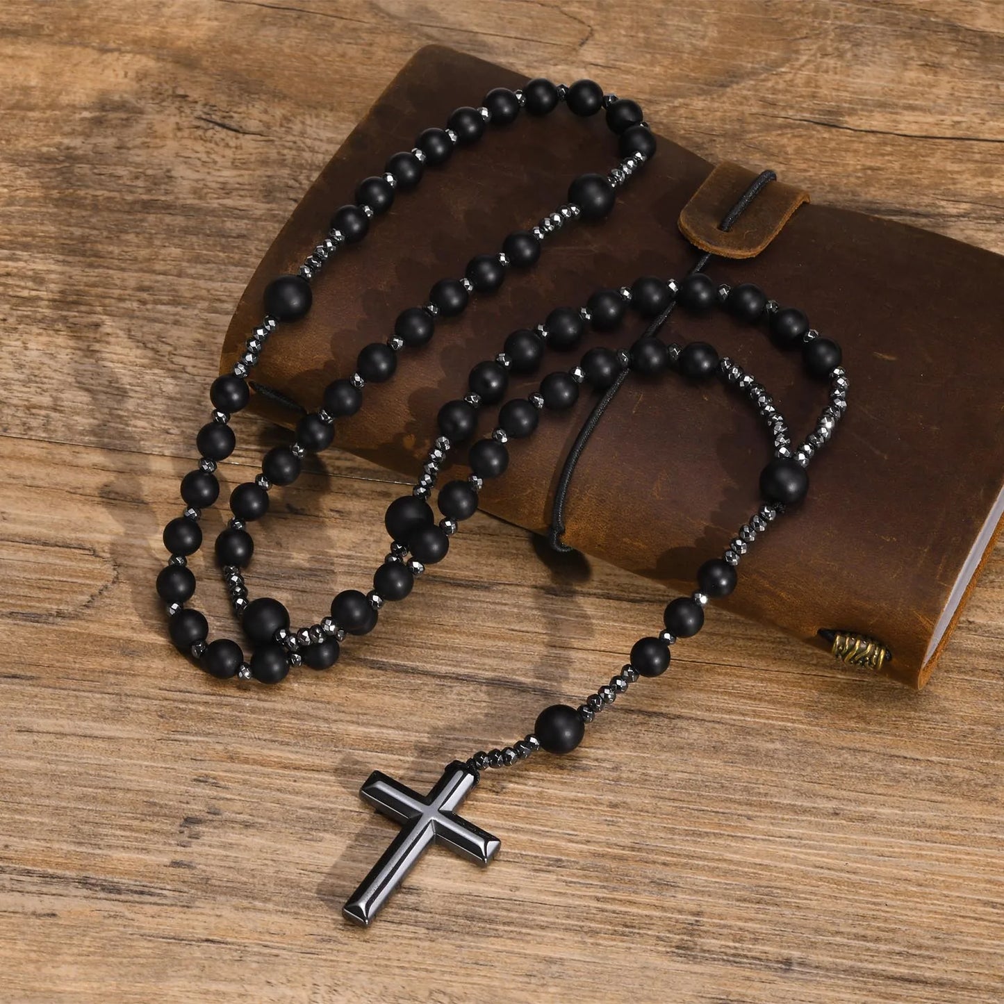 BLACK BEADS CROSS ROSARY NECKLACE