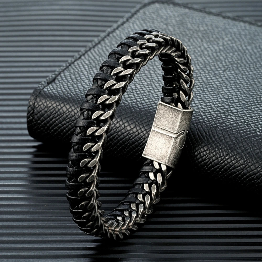 Black Box Chain Leather Bracelet-Double Fancy