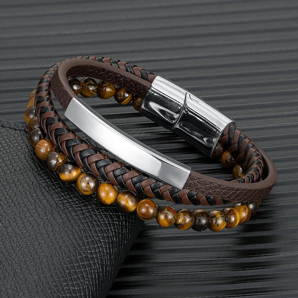 Natural Stone Beaded Leather Bracelet-Double Fancy