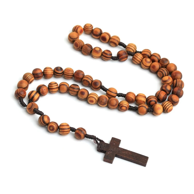 WOODEN GRAIN BEADS ROSARY NECKLACE