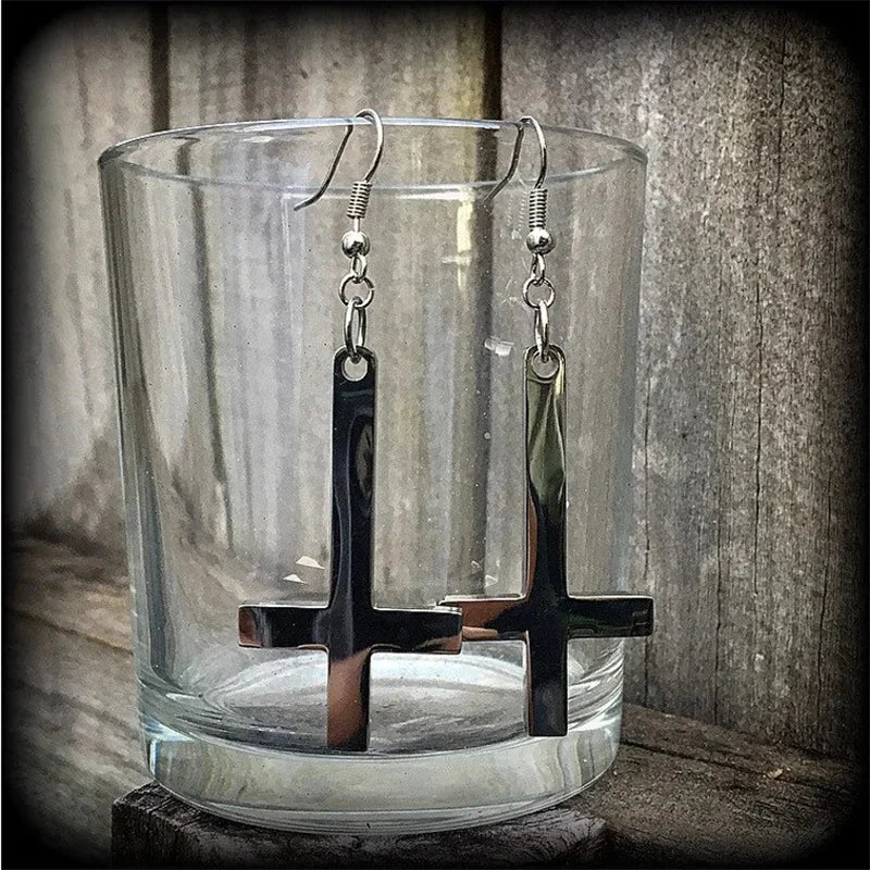 STEEL INVERTED CROSS EARRINGS