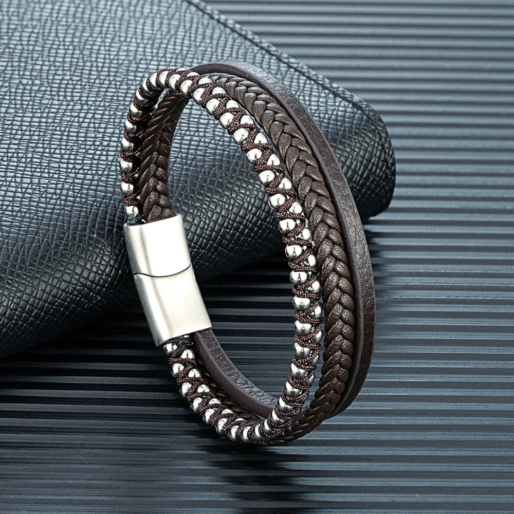 Steel Beaded Leather Bracelet-Double Fancy