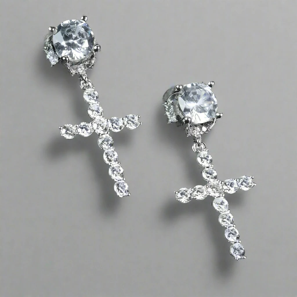 WHITE BLING CROSS EARRINGS