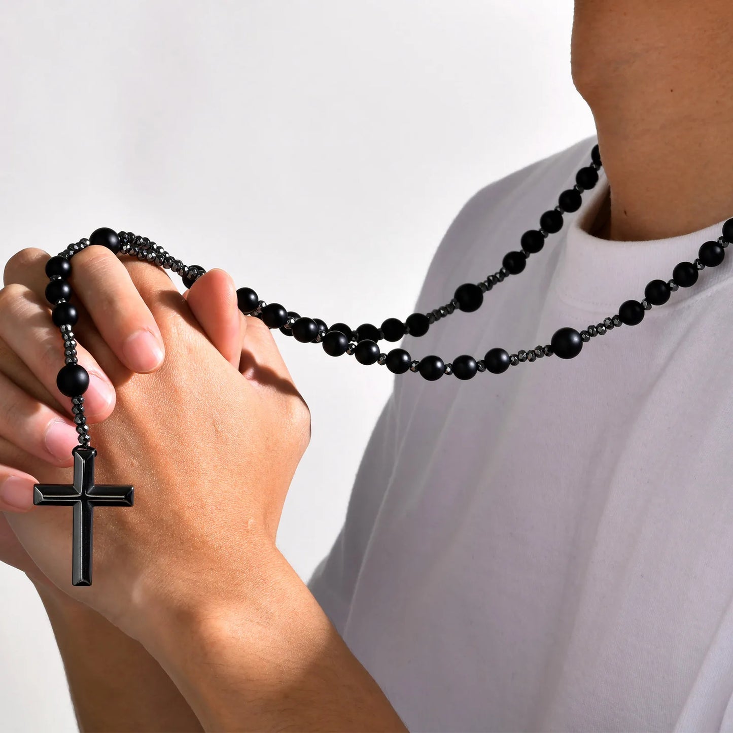 BLACK BEADS CROSS ROSARY NECKLACE