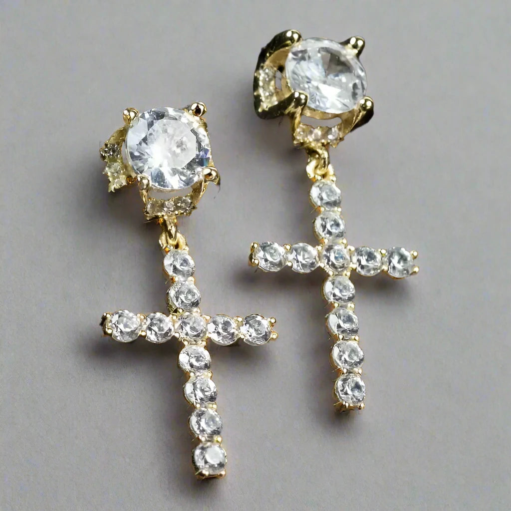 WHITE BLING CROSS EARRINGS