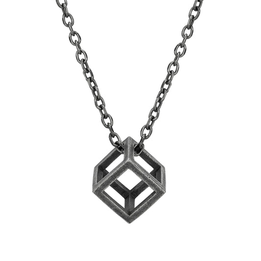 Oxidized Black Cube Necklace Pendant-Double Fancy