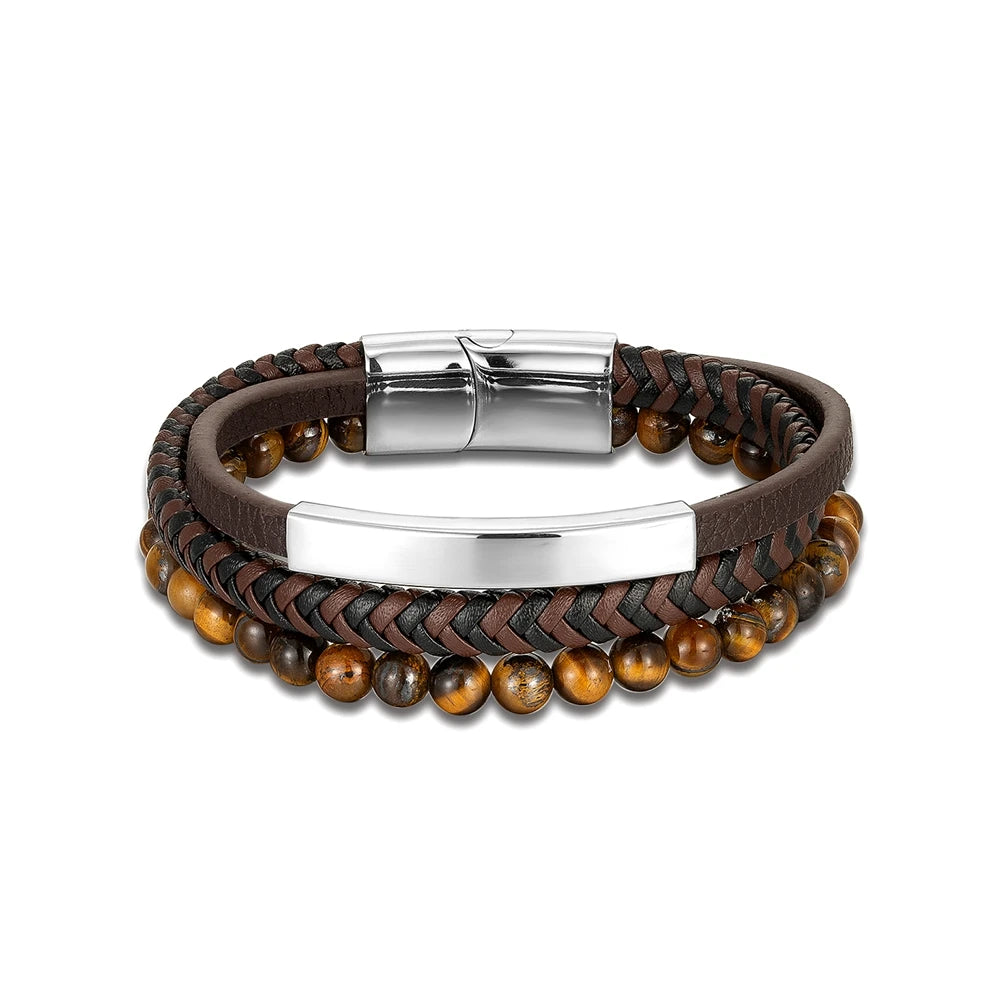 Natural Stone Beaded Leather Bracelet-Double Fancy