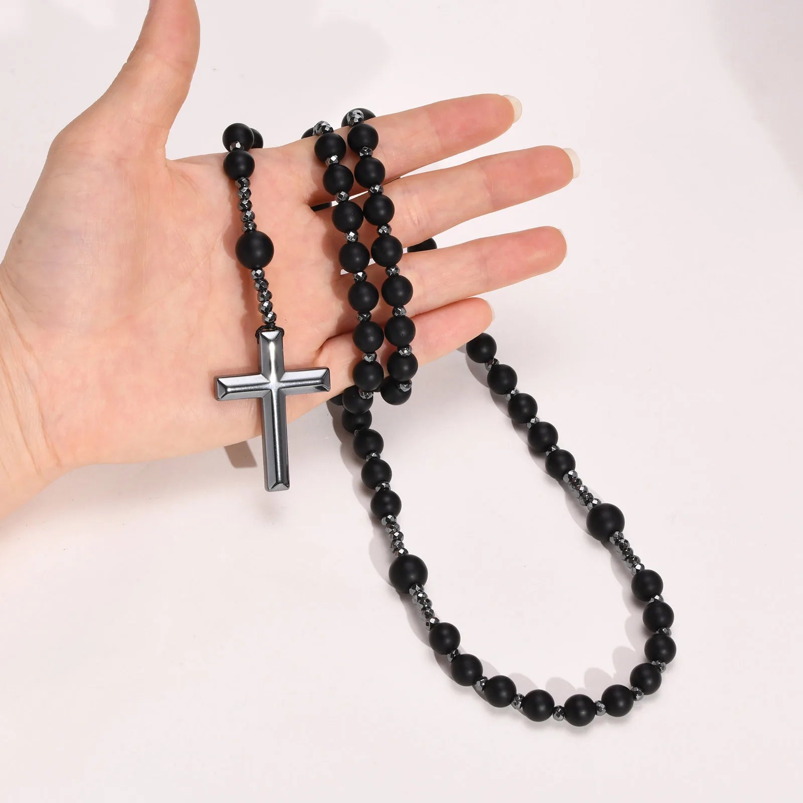 BLACK BEADS CROSS ROSARY NECKLACE