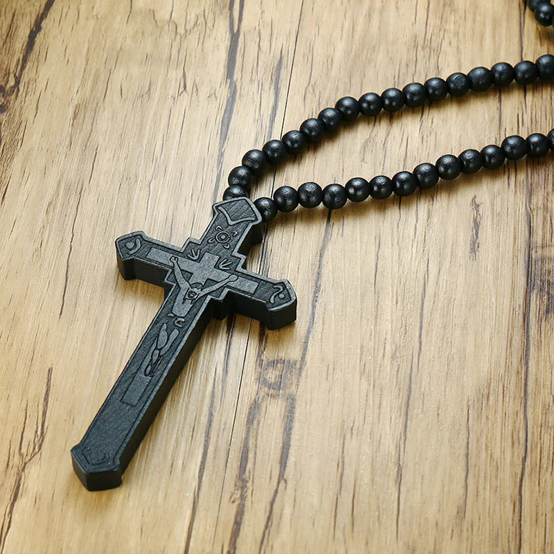 BLACK BEADS CROSS ROSARY NECKLACE