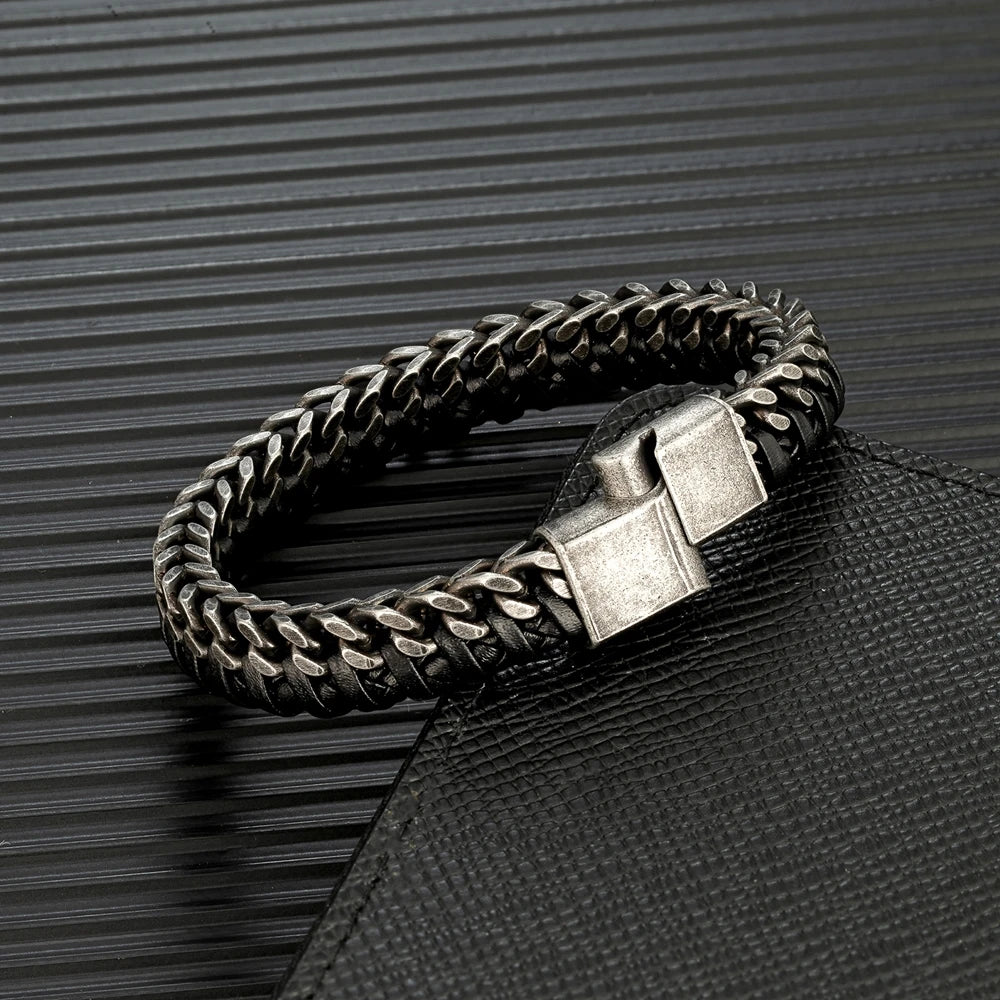 Black Box Chain Leather Bracelet-Double Fancy