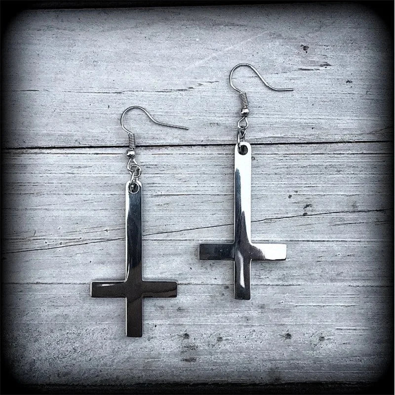 STEEL INVERTED CROSS EARRINGS